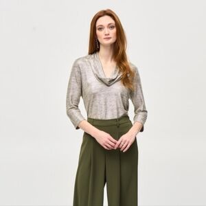 JOSEPH RIBKOFF | Women's Gold/Beige Shiny Cowl Neck 3/4 Sleeved Top